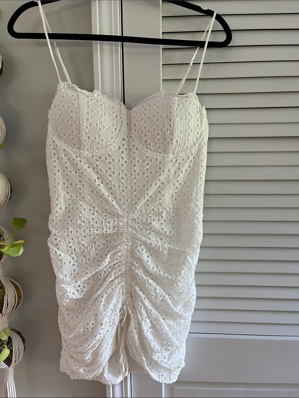 White Eyelet Ruched Spaghetti-Strap Mini Dress